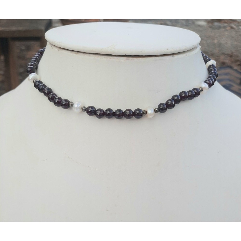 Sterling silver Garnet and pearl beaded necklace. 14 to 16 inches long, gemstone
